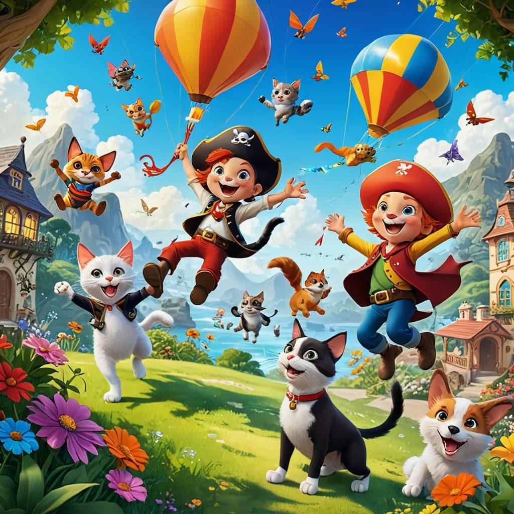 A playful and whimsical scene depicting a group of mischievous cartoon characters engaging in fun, light-hearted adventures in a colorful landscape filled with lush greenery and vibrant flowers. Incorporate elements of humor such as a cat wearing a pirate hat, a dog flying a kite, and children discovering hidden treasure. The atmosphere should radiate joy and excitement, inviting viewers to experience the thrill of adventure. bright colors. cartoon style. playful and cheerful.
