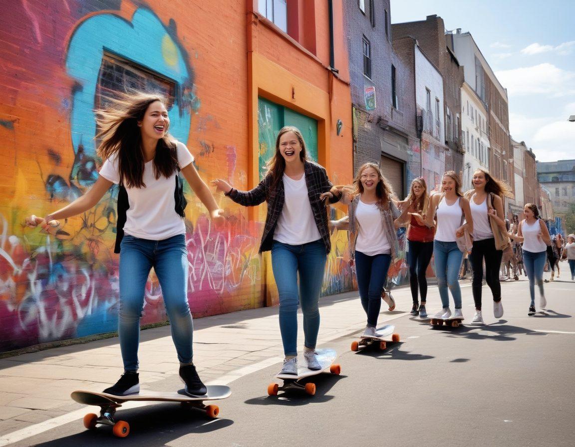 An enchanting scene depicting a vibrant city street filled with young people joyfully participating in playful acts of rebellion, such as colorful graffiti and spontaneous dance-offs. Include elements of youth culture like skateboards, bicycles, and playful street art, all bathed in warm golden sunlight. Capture the spirit of freedom and creativity with laughter and smiles all around. super-realistic. vibrant colors. urban background.